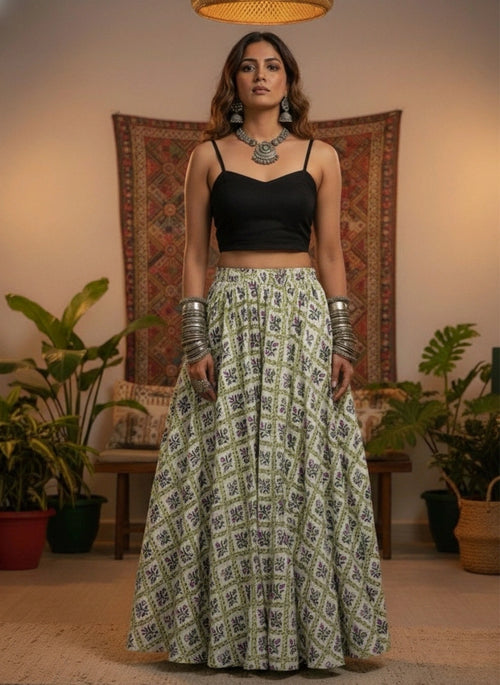 Women White Ethnic Printed Cotton Maxi Skirt