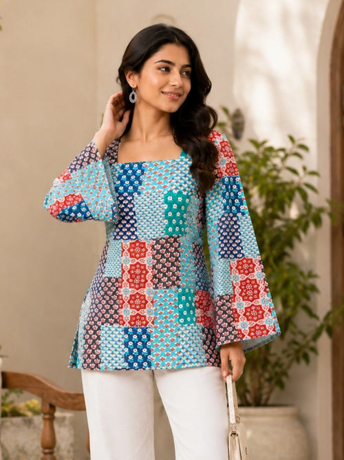 Women's Multicolor Patch Print Corset Style Short Kurti with Square Neck, Bell Sleeves and Adjustable Back Tie-Up for Casual Wear