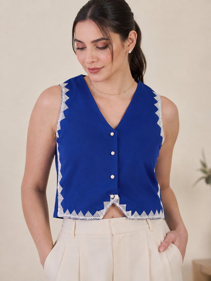 Women Solid Sleeveless V-Neck Lace Detail Waistcoat
