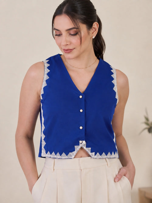 Women Solid Sleeveless V-Neck Lace Detail Waistcoat