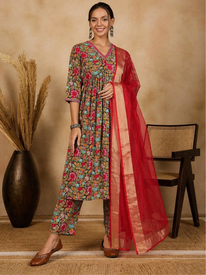 WineRed Woman Navy Blue Floral Print Neck Embroidery Naira Cut Kurta, Pant & Dupatta