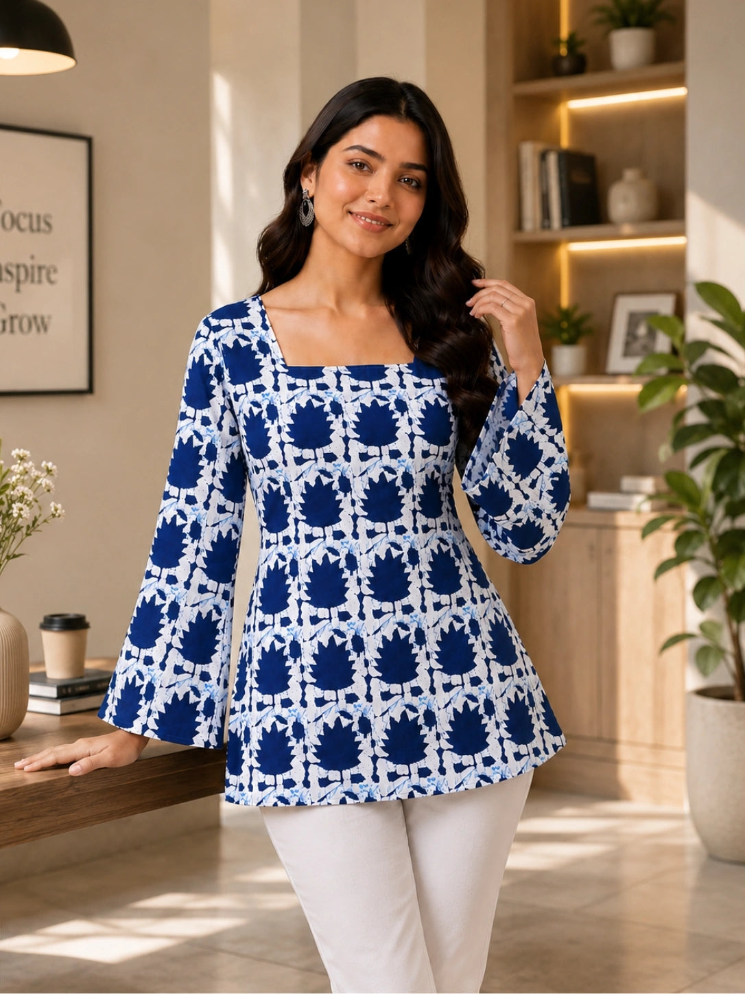 Women's Blue Abstract Print Corset Style Short Kurti with Square Neck, Bell Sleeves and Adjustable Back Tie-Up for Casual Wear