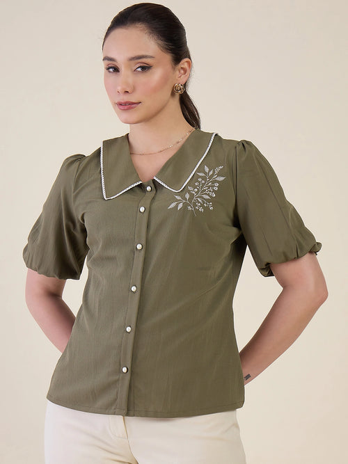Women Olive Green Embroidered Shirt Top