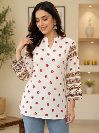 Women White Floral Printed Cotton Short Kurti with 3/4 Straight Sleeves
