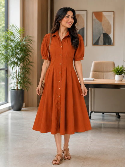 WineRed Women's Solid Puff Sleeve Midi Dress
