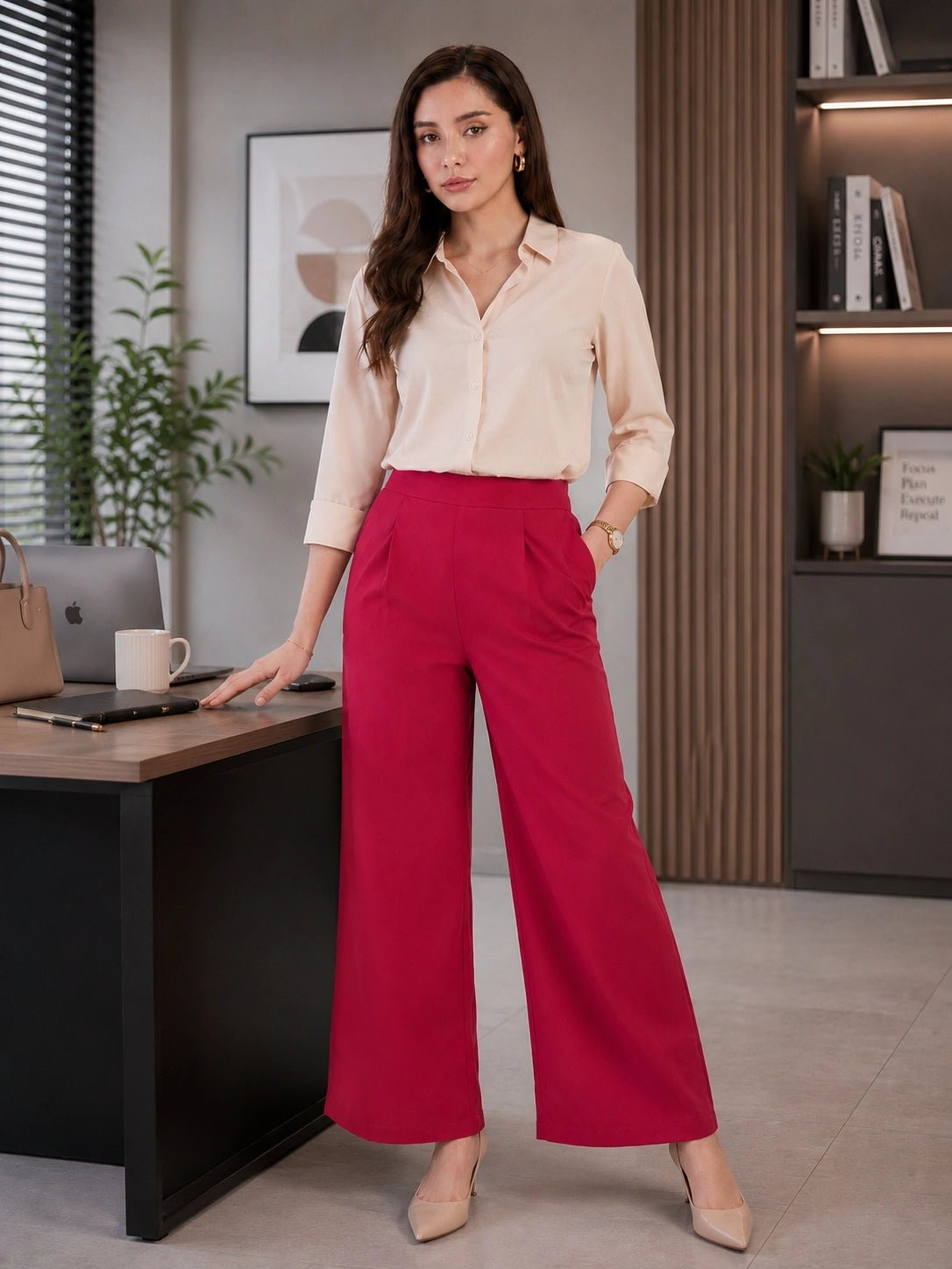 Women's Solid Pink Wide Leg Trousers