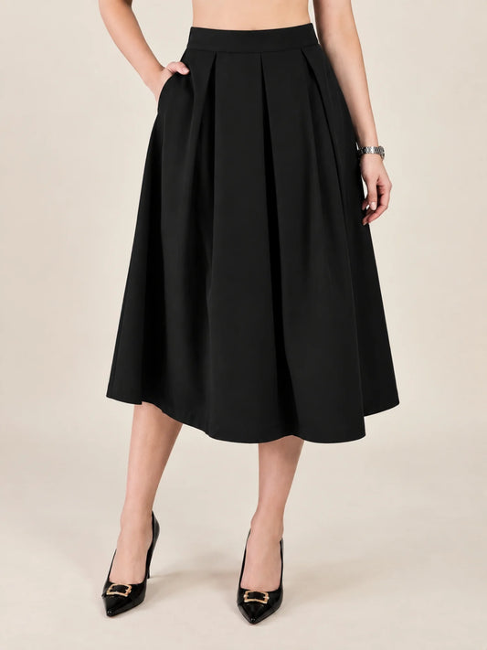 Women Solid Pleated Midi Skirt