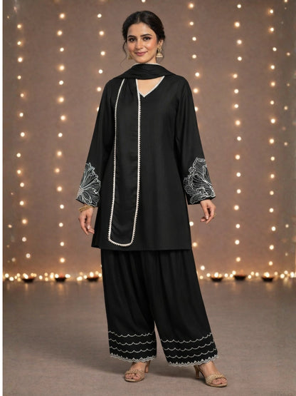 Women's Black Embroidered Kurti & Farshi Salwar set