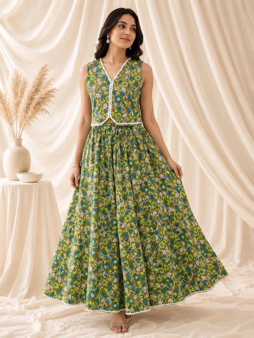 Women's Floral Printed Waistcoat Top and Maxi Skirt Co-Ord Set