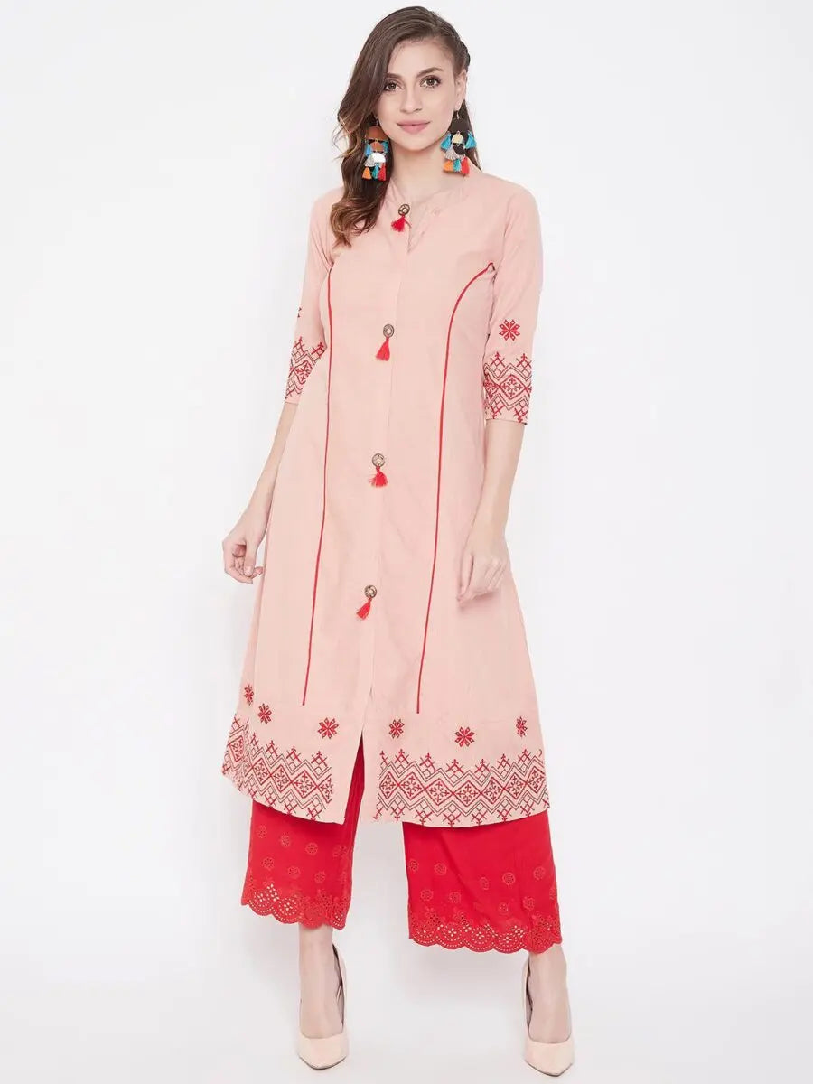 winered-peach-a-line-cotton-embroidered-kurta