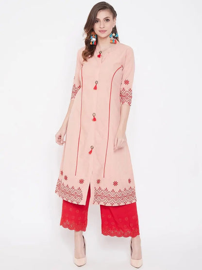 winered-peach-a-line-cotton-embroidered-kurta
