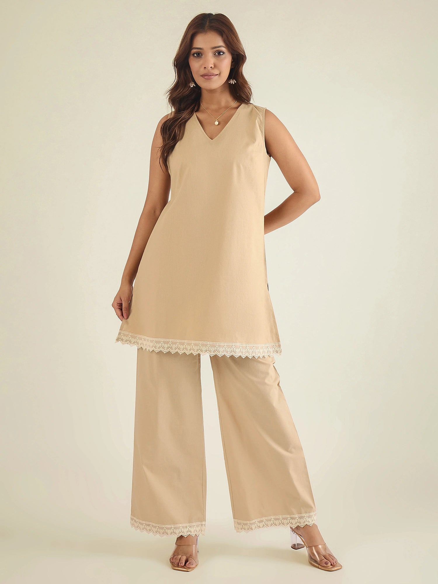 women-beige-cotton-poplin-lace-detailed-tunic-with-pant-co-ord-set
