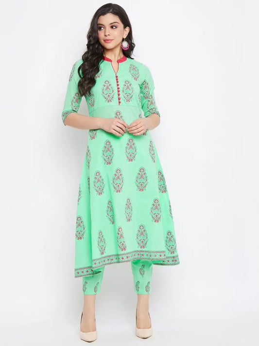 winered-green-a-line-cotton-printed-kurta-and-pant-set