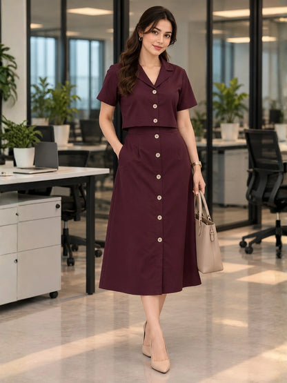 Women's Burgundy Solid Shirt and A-line Skirt Co-ord Set