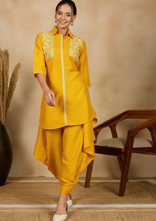 Women Yellow Embroidered Tunic with Harem Salwar Coord Set