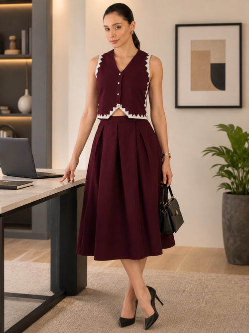 Women Burgundy Vest & Skirt Co-ord Set