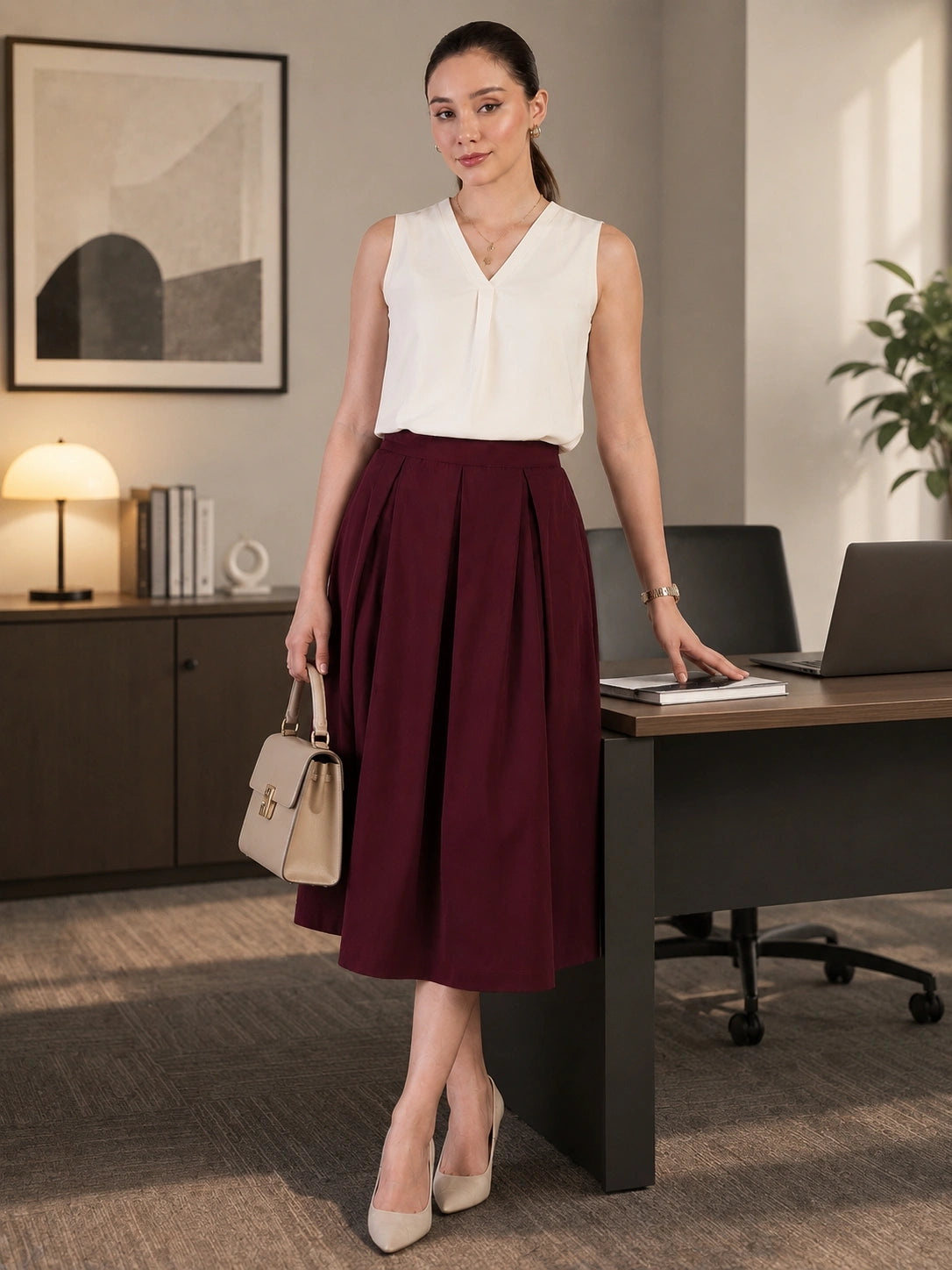 Women Bugundy Solid Pleated Flared Midi Skirt