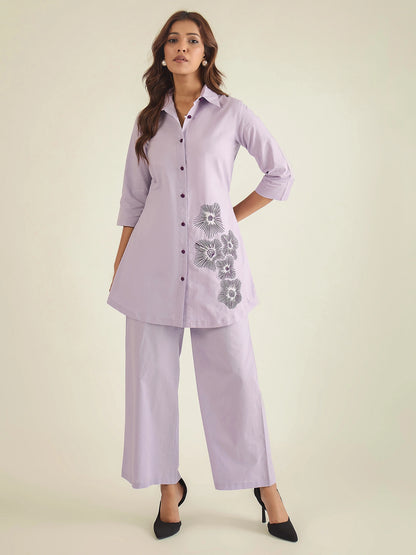 Women Lavender Cotton Embroidered Shirt with Pant Co-ord Set