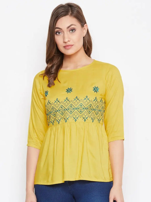 winered-yellow-embroidered-rayon-empire-waist-top