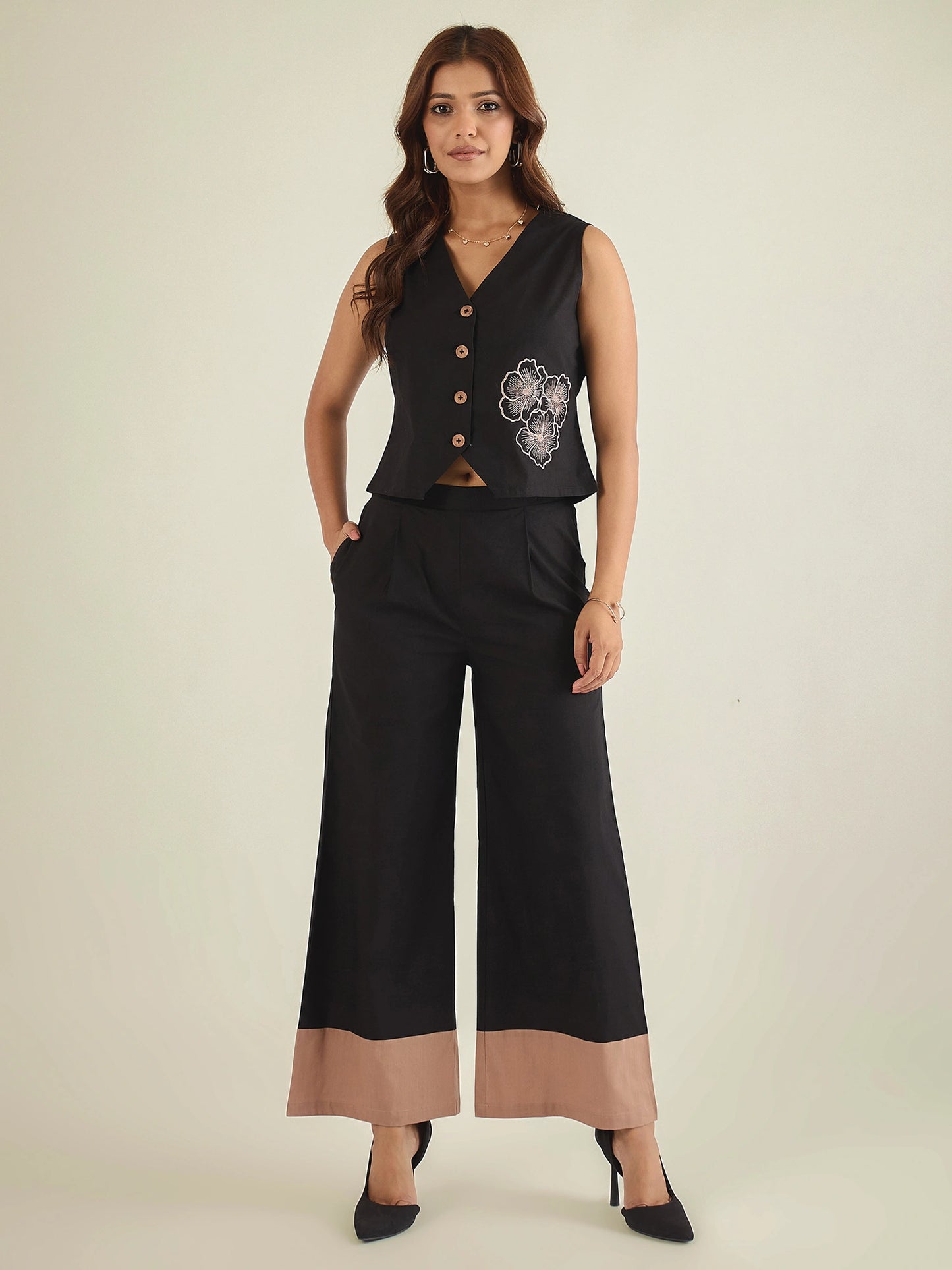 Black cotton embroidered waistcoat with color-blocked co-ord set