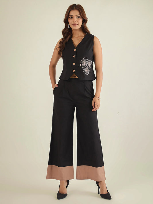 Black cotton embroidered waistcoat with color-blocked co-ord set