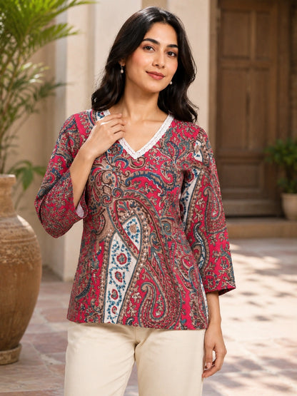 Women's Pink Paisley Print Short Kurti with V-Neck Lace Detail and Three-Quarter Sleeves for Casual Wear