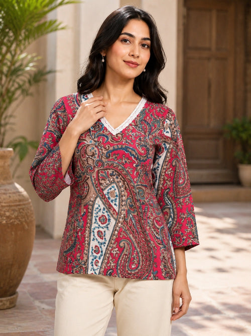 Women's Pink Paisley Print Short Kurti with V-Neck Lace Detail and Three-Quarter Sleeves for Casual Wear