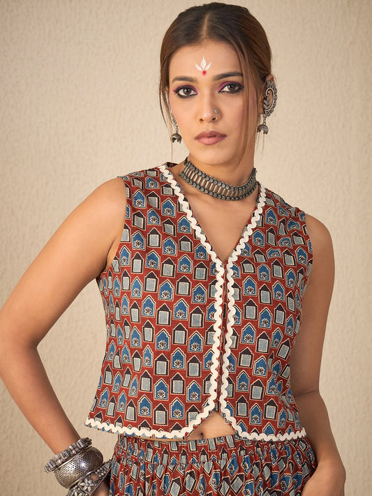 Women Brown Lace Detailing Waistcoat Top