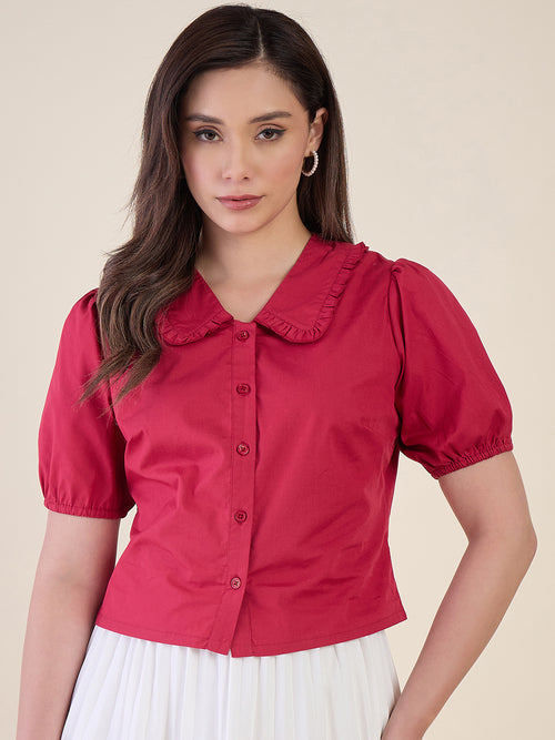 Women Pink Ruffle Collar Puff Sleeve Top