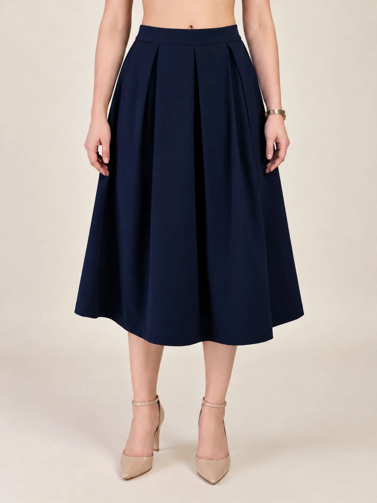 Women Solid Pleated Midi Skirt