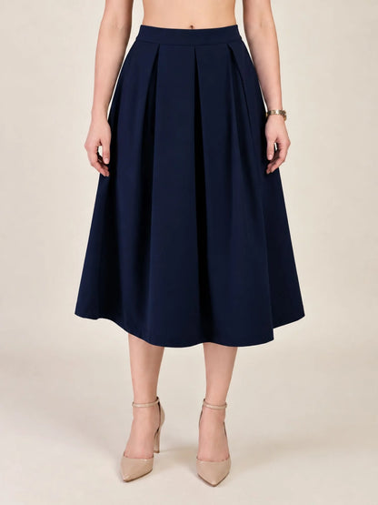 Women Solid Pleated Midi Skirt