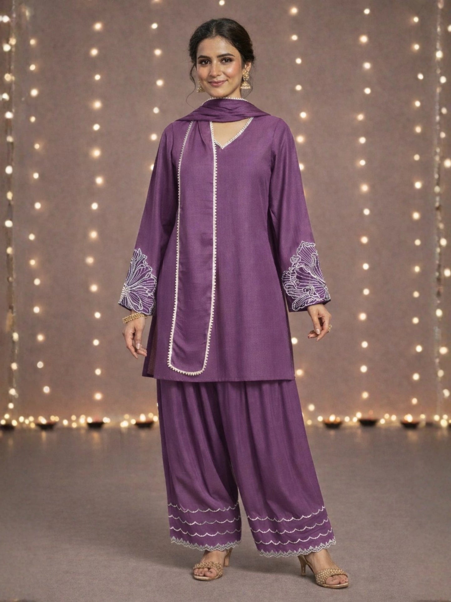 Women's Purple Embroidered Kurti & Farshi Salwar set