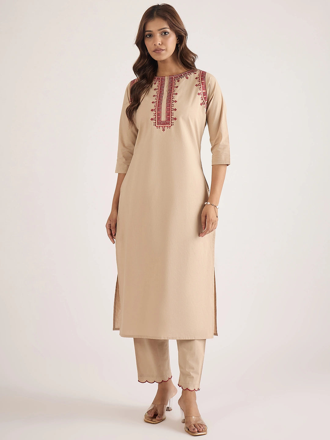 Women Beige cotton embroidered straight-cut kurta