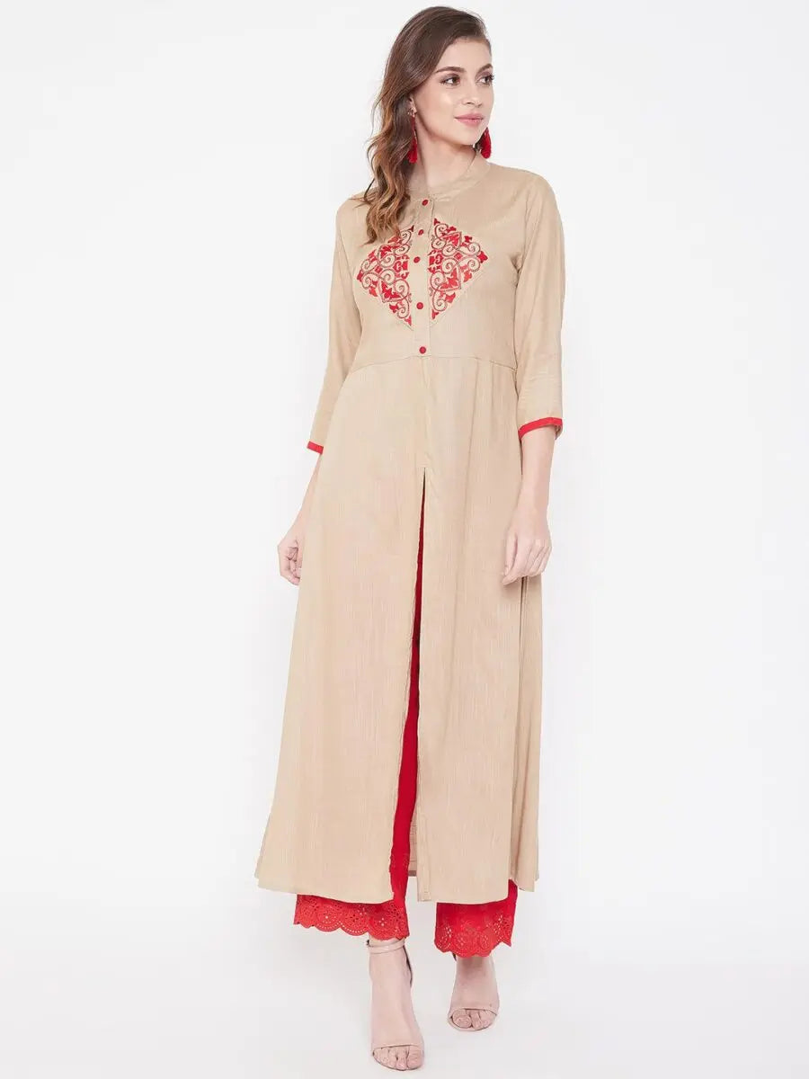 winered-beige-a-line-rayon-embroidered-kurta