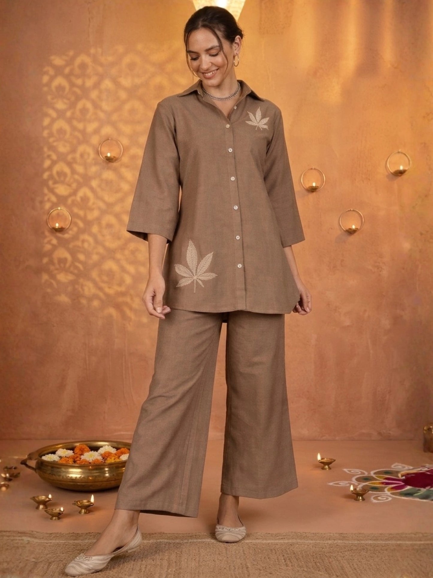 Women Solid Beige Leaf Embroidery Co-Ord Set