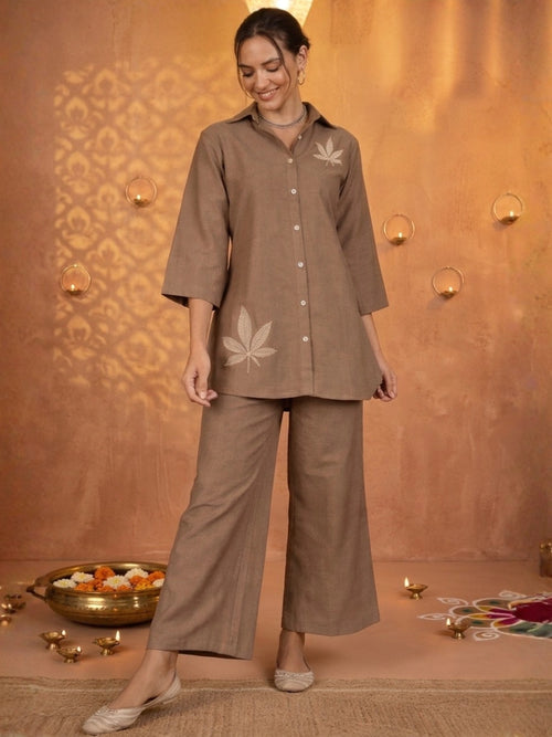 Women Solid Beige Leaf Embroidery Co-Ord Set