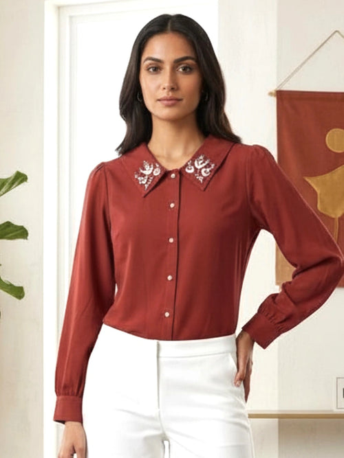 Women Maroon Collared Shirt with Contrast Embriodery