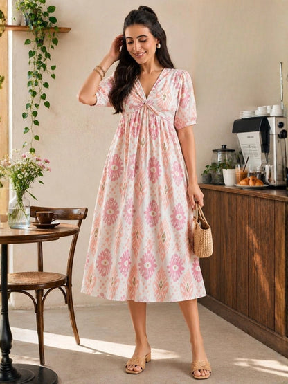 Women Cotton Ikat Printed Knotted Midi Dress