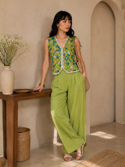 Women's Floral Print Sleeveless V-Neck Waistcoat Top | Buttonless Crop Vest for Women