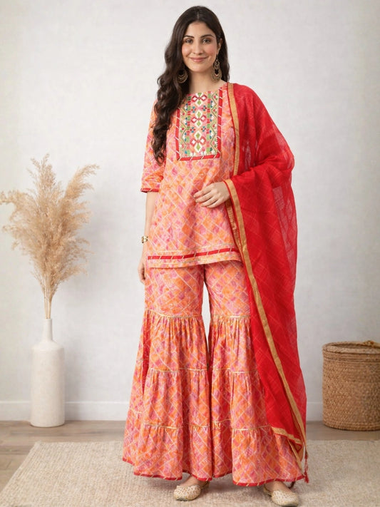 WineRed Woman Orange with Neck Embroiderey Sharara Set