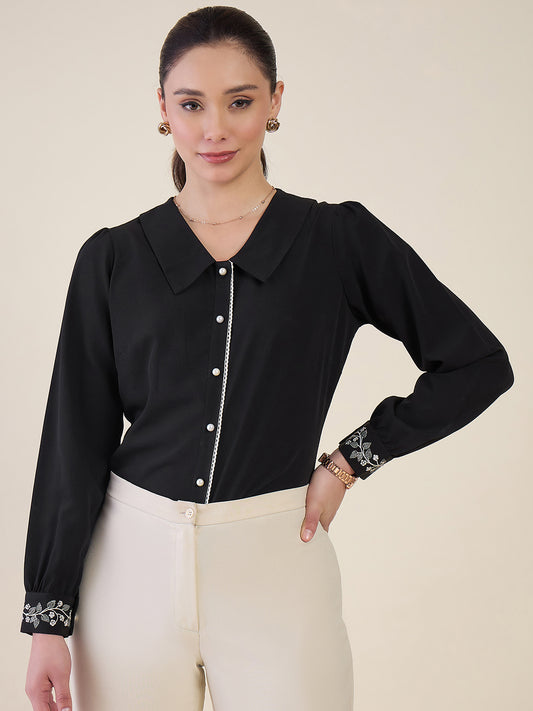 Women Black Embroidered Cuff Shirt