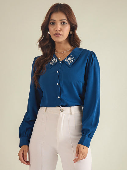 winered-women-blue-collared-shirt-with-contrast-embriodery