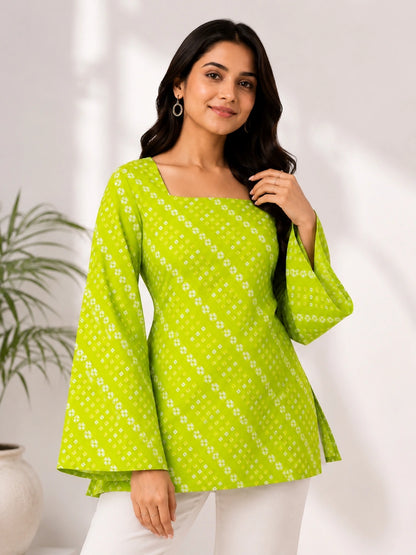 Women's Green Printed Corset Style Short Kurti with Square Neck, Full Bell Sleeves and Adjustable Back Tie-Up for Casual Wear