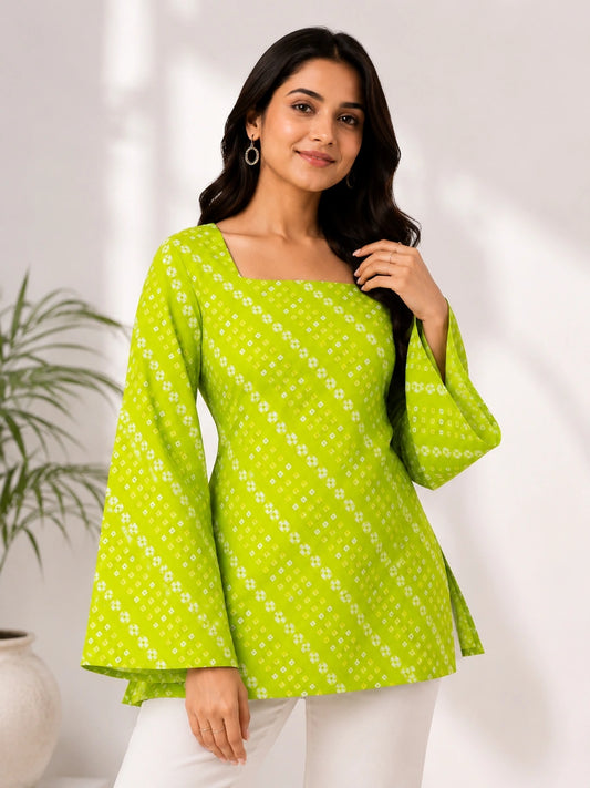 Women's Green Printed Corset Style Short Kurti with Square Neck, Full Bell Sleeves and Adjustable Back Tie-Up for Casual Wear