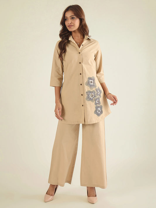 Women Beige Cotton Embroidered Shirt with Pant Co-ord Set