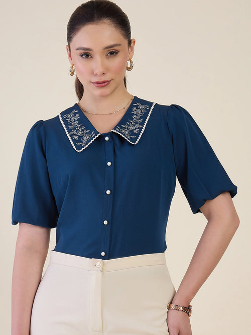 Women Blue Embriodered Collar Puff Sleeve Top