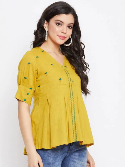 winered-mustard-embroidered-cotton-regular-top