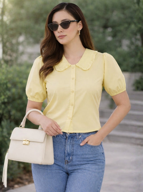Women Yellow Ruffle Collar Puff Sleeve Top