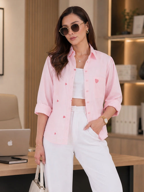Women Pink Heart Embroidered Casual Shirt