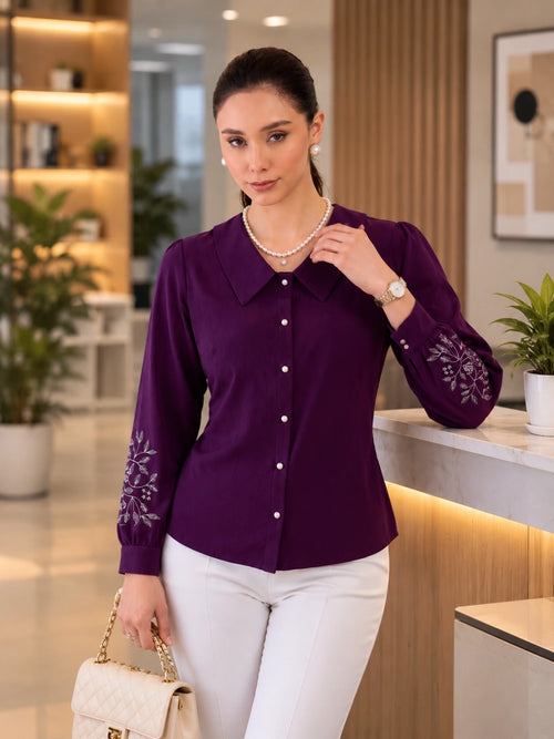 Women Purple Embroidered Peter Pan Collar Shirt